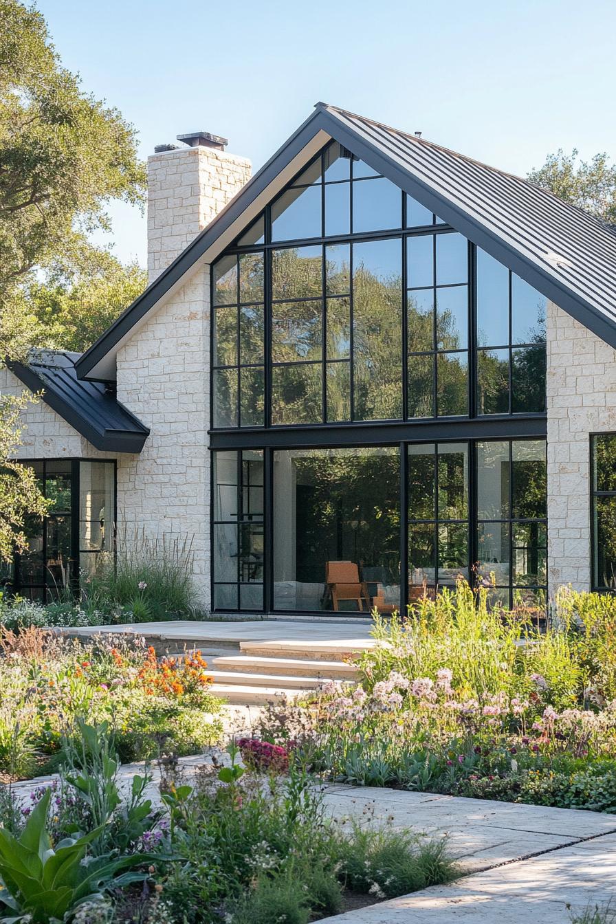 modern farmhouse facade with large glass windows lush garden farm with flowers