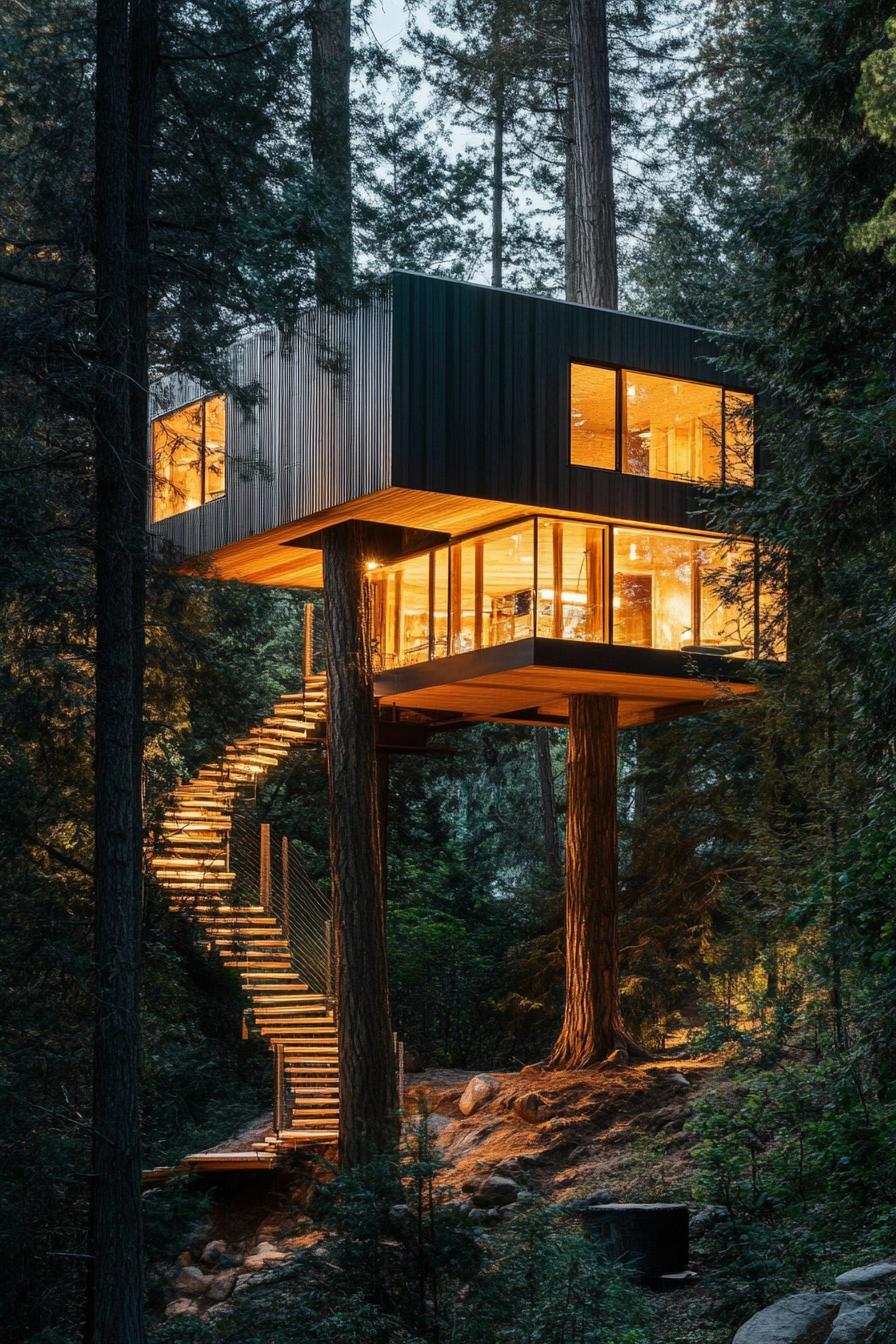 modern forest treehouse nestled high between pine trees 1