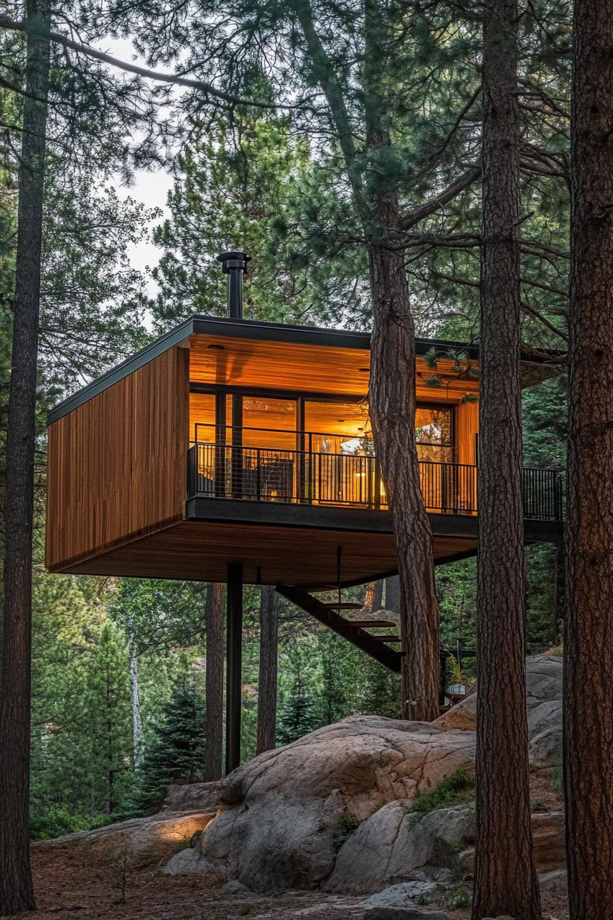 modern forest treehouse nestled high between pine trees 2