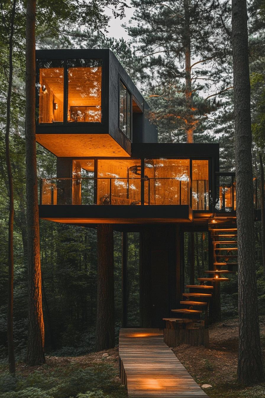 modern forest treehouse nestled high between pine trees 3