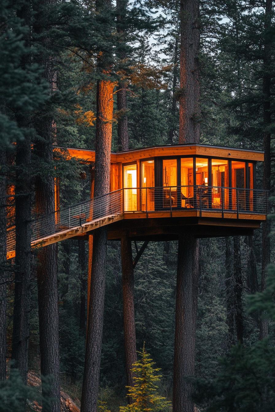 modern forest treehouse nestled high between pine trees