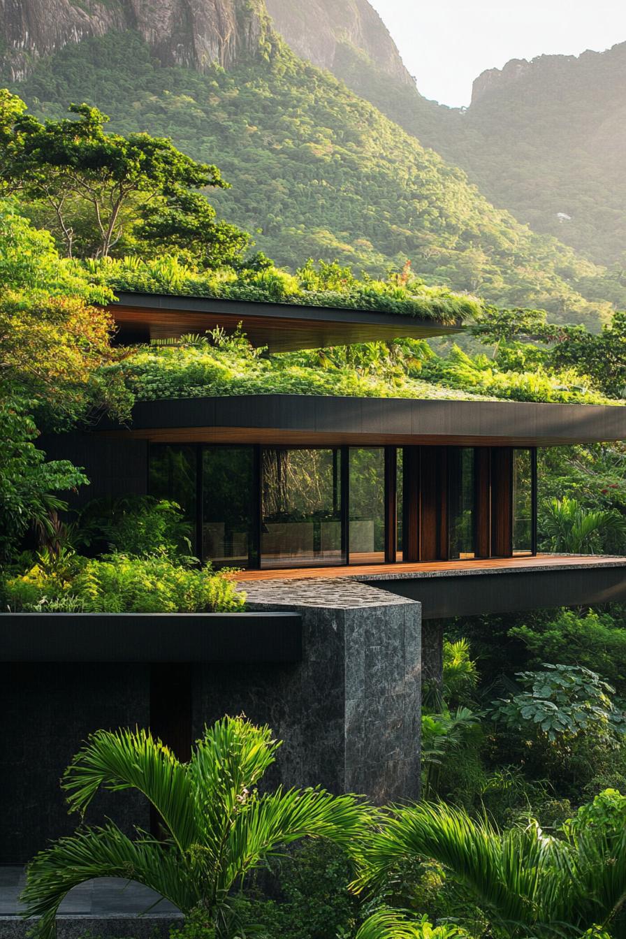 modern geometric house with garden roof with vegetation in stunning lush tropical mountains 1