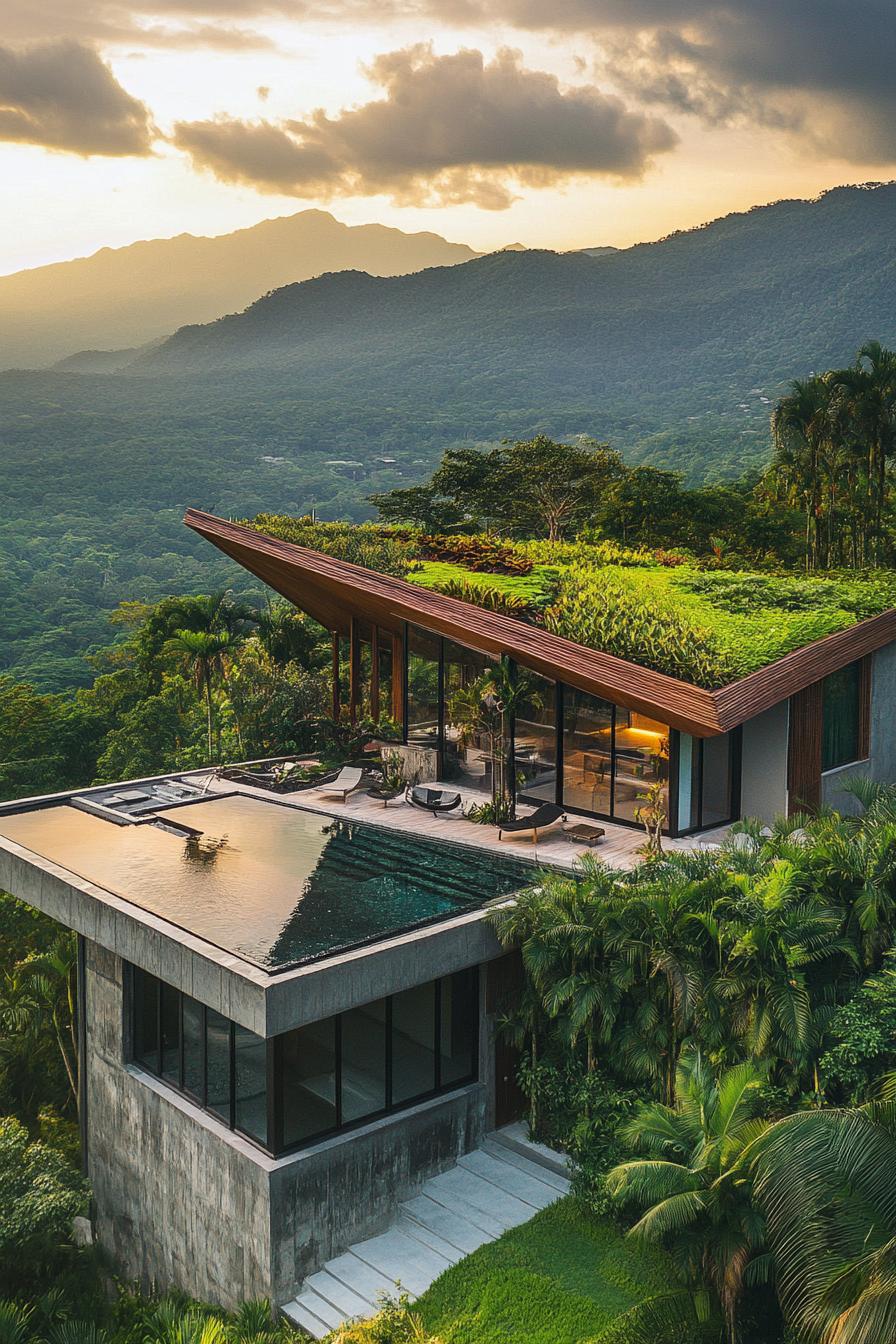 modern geometric house with garden roof with vegetation in stunning lush tropical mountains 2