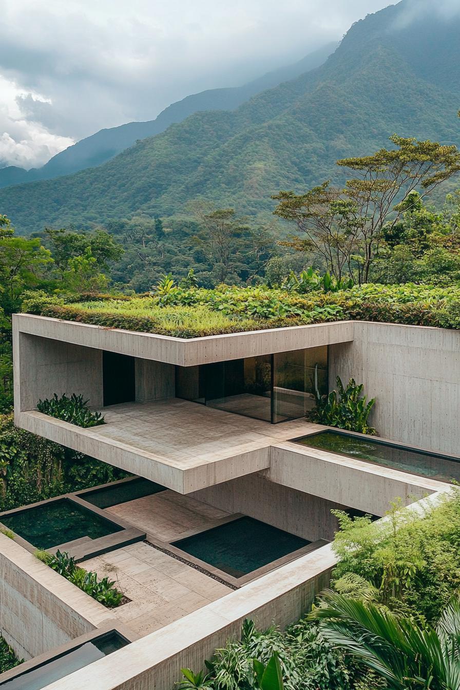 modern geometric house with garden roof with vegetation in stunning lush tropical mountains 3