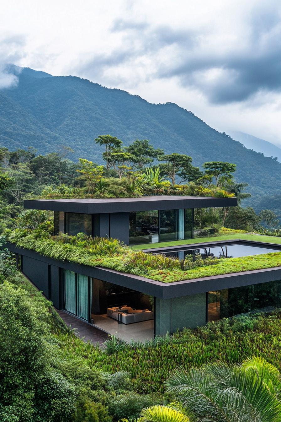 modern geometric house with garden roof with vegetation in stunning lush tropical mountains