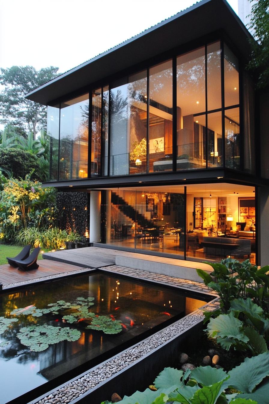 modern glass enclosed house facade facing lush zen garden with koi pond 1