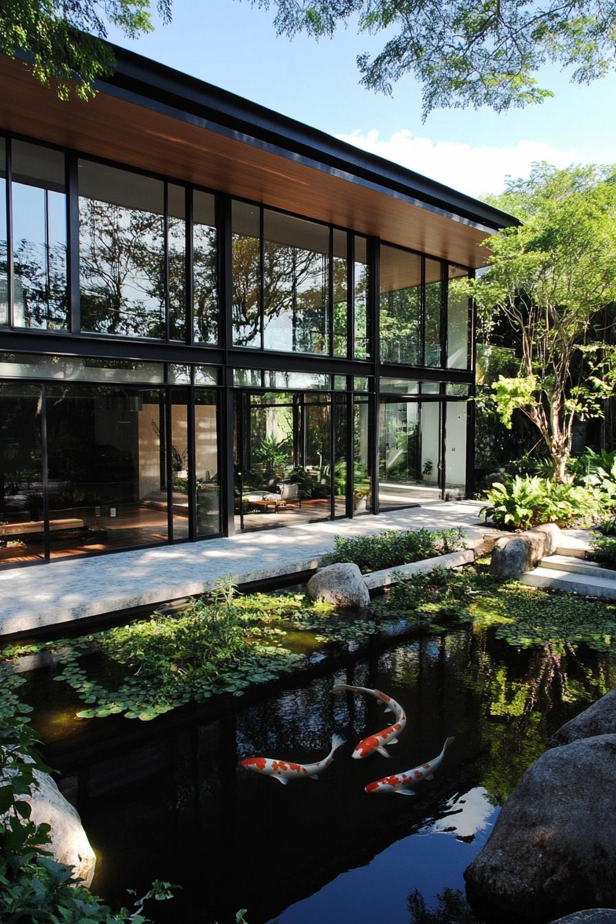 modern glass enclosed house facade facing lush zen garden with koi pond 2