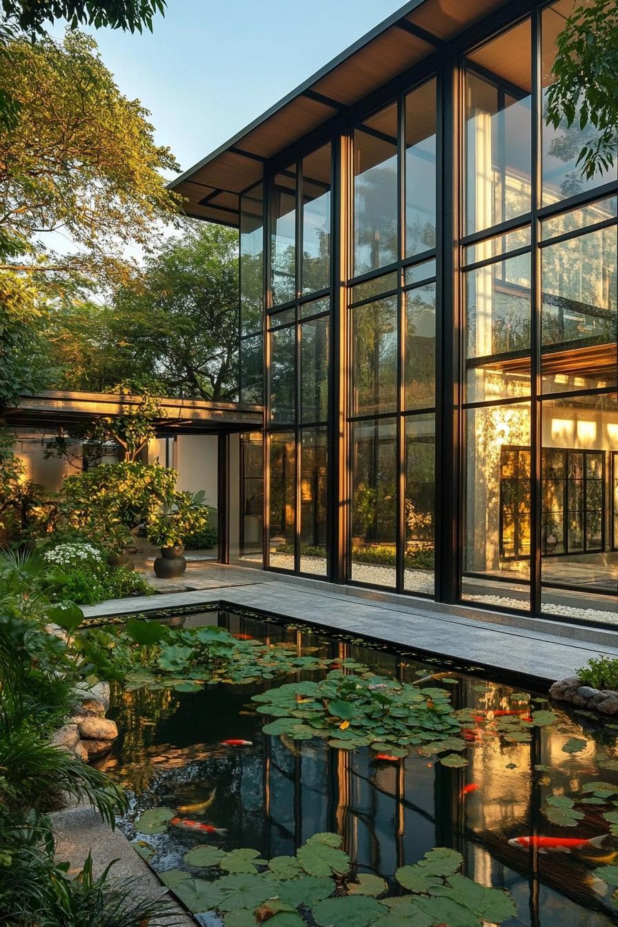 modern glass enclosed house facade facing lush zen garden with koi pond 3