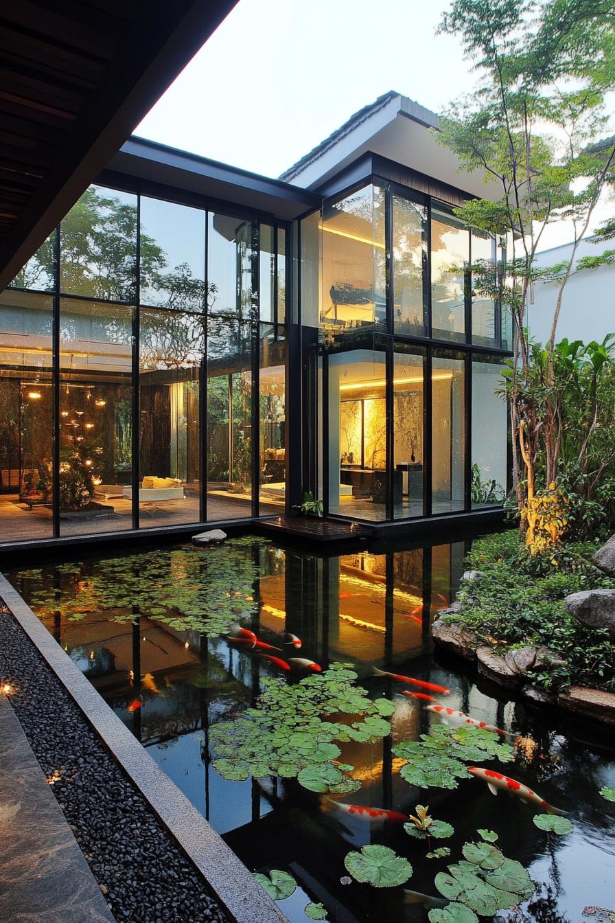 modern glass enclosed house facade facing lush zen garden with koi pond