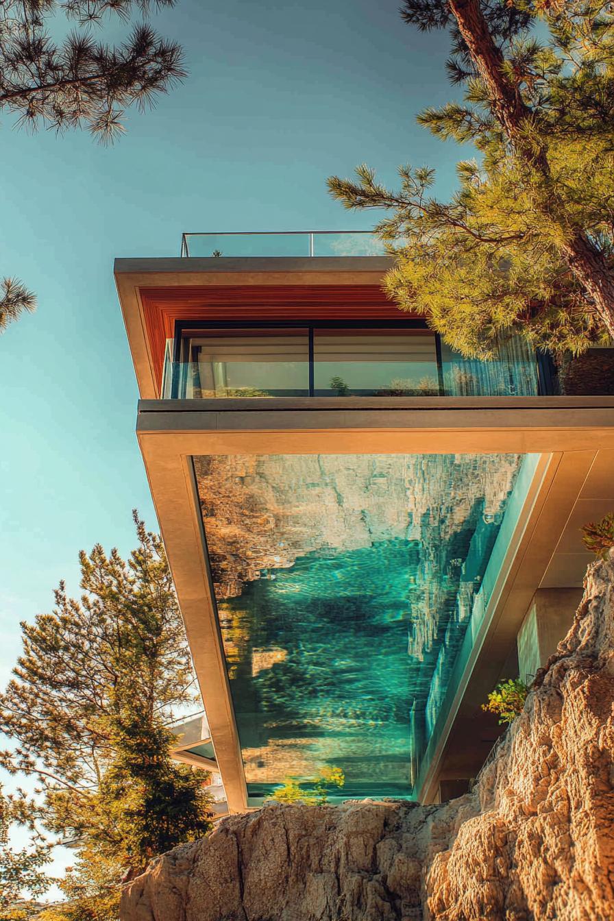 modern hillside house canterleveled pool glass bottom view from underneath 1