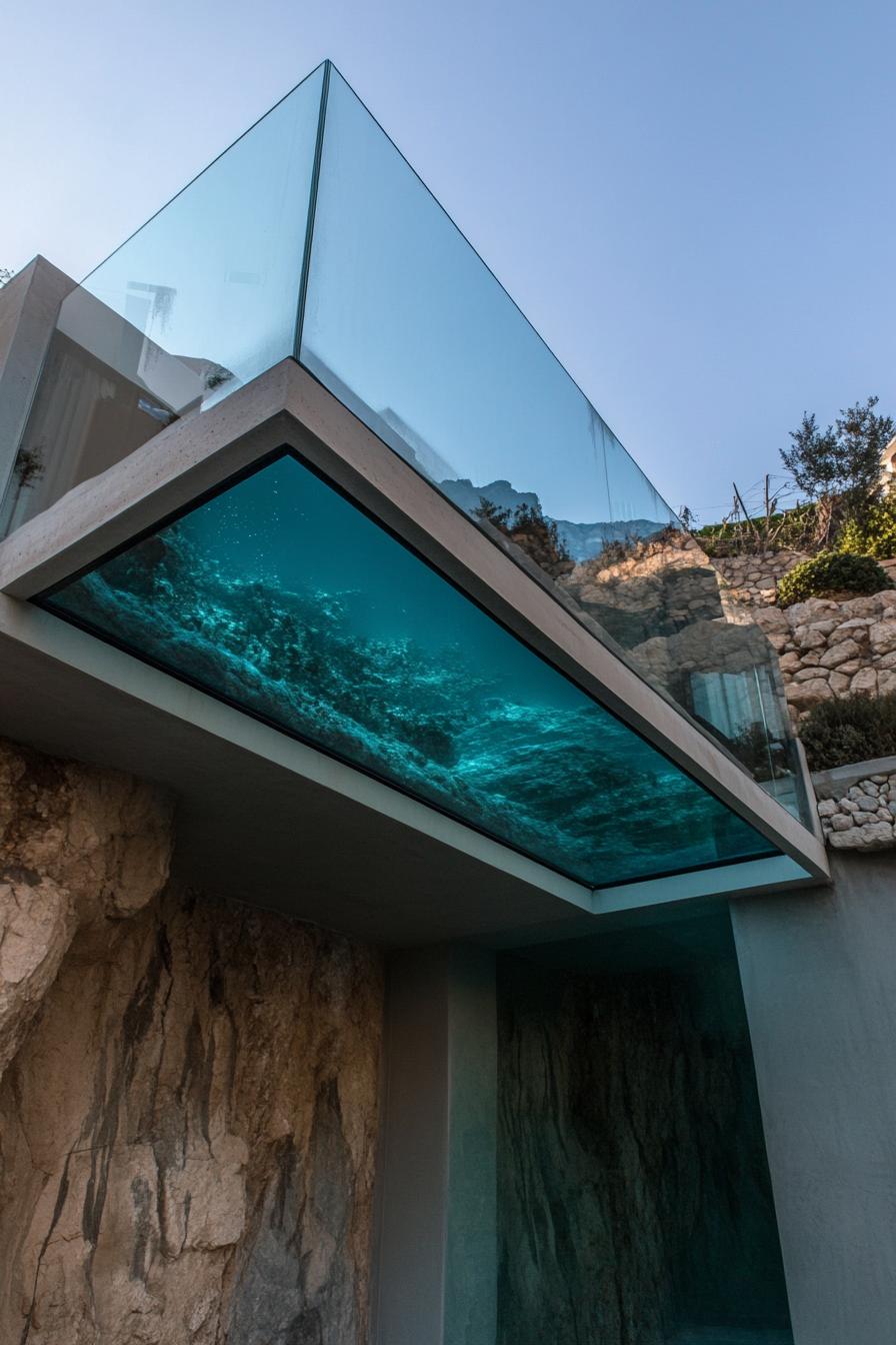 modern hillside house canterleveled pool glass bottom view from underneath