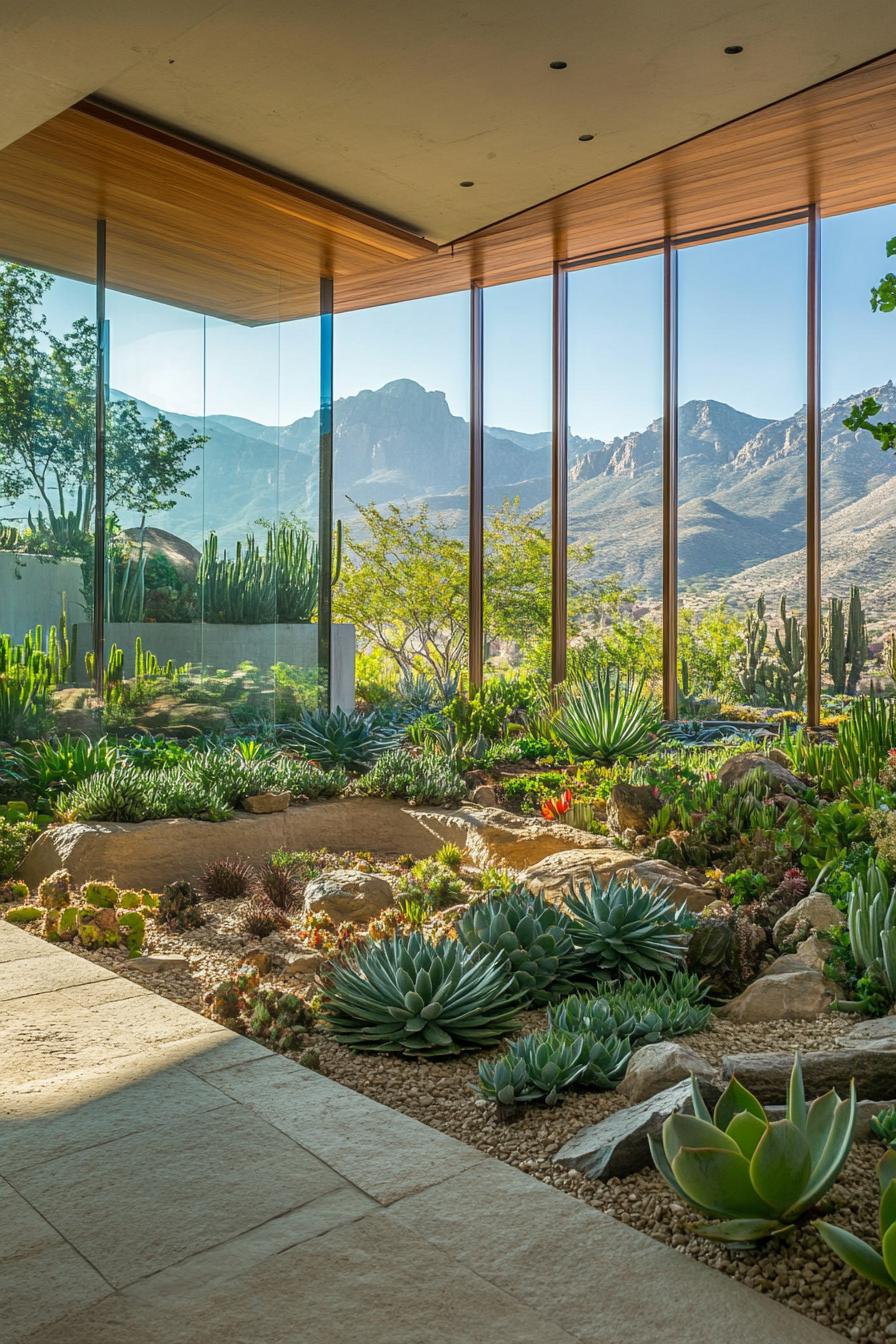 modern home interior garden with succulents large windw with mountain views 1