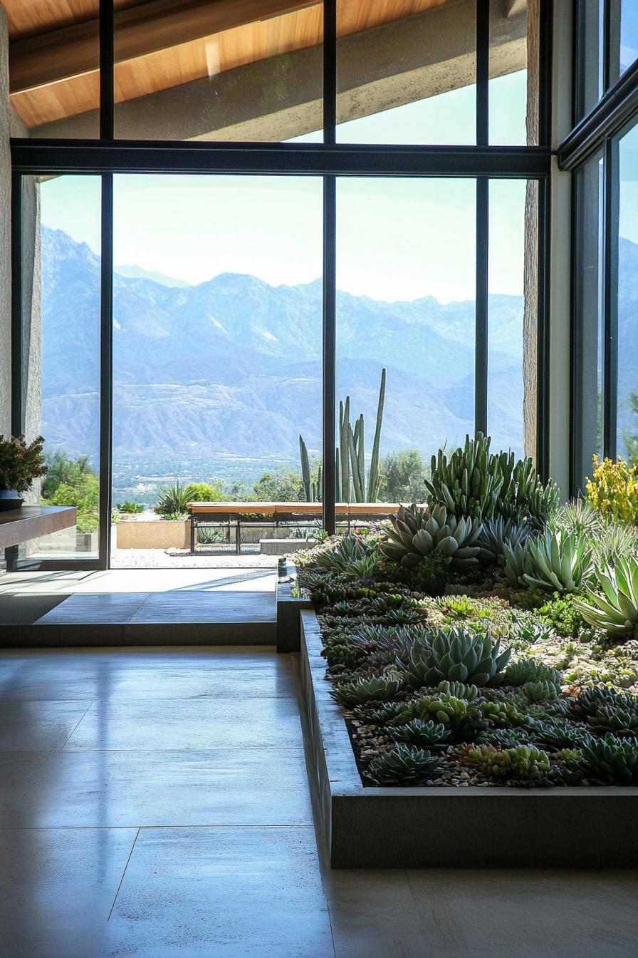 modern home interior garden with succulents large windw with mountain views