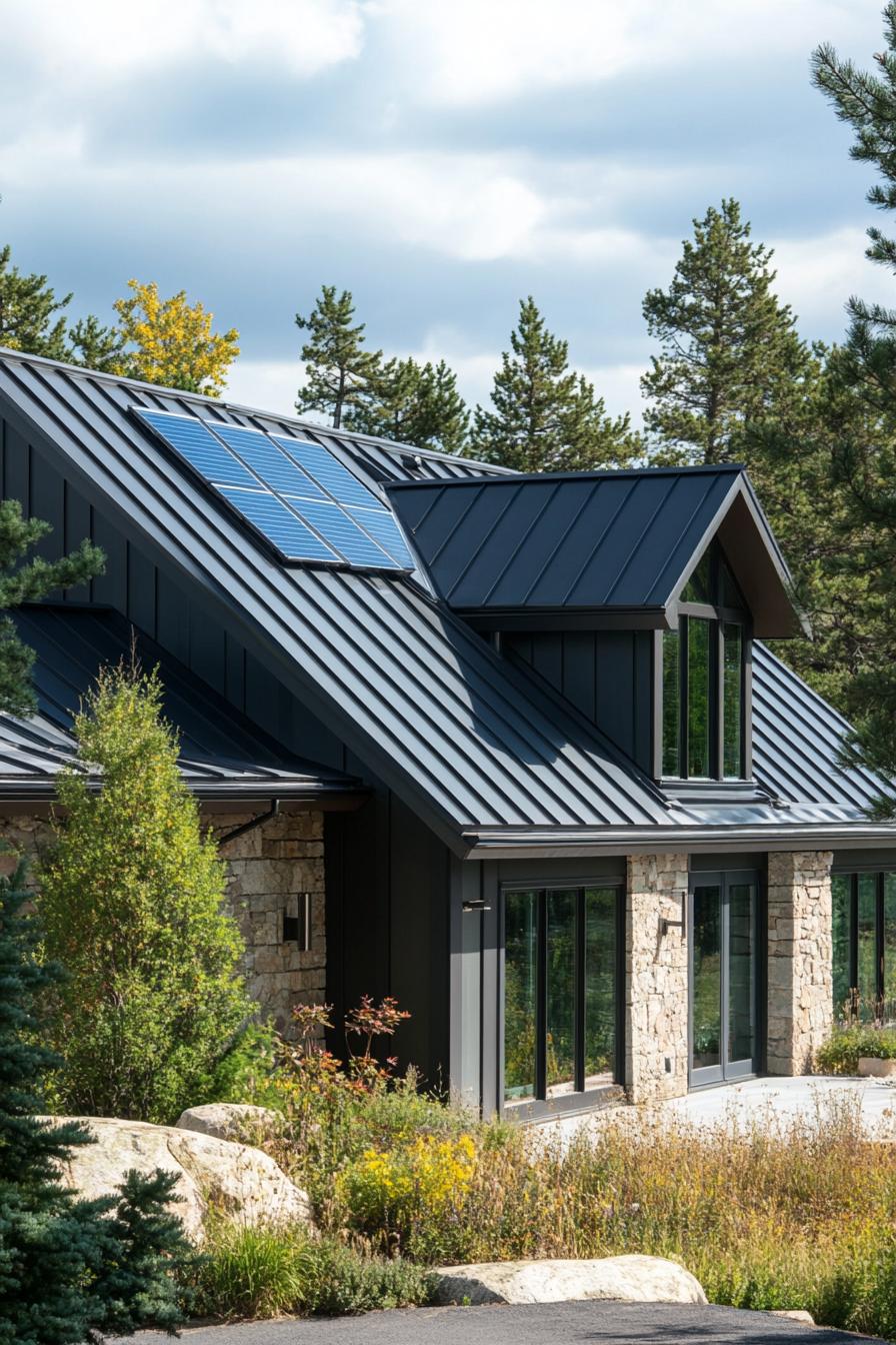 modern house a frame facade zinc roof with solar panel