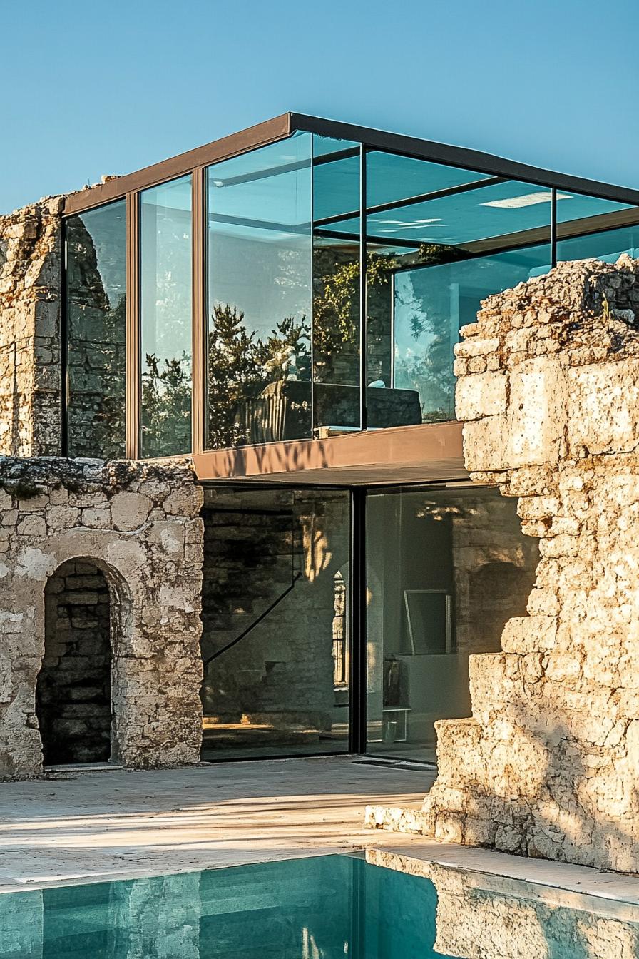 modern house built on ancient greek house ruins old walls visible enclosed in glass modern windows and roof 1