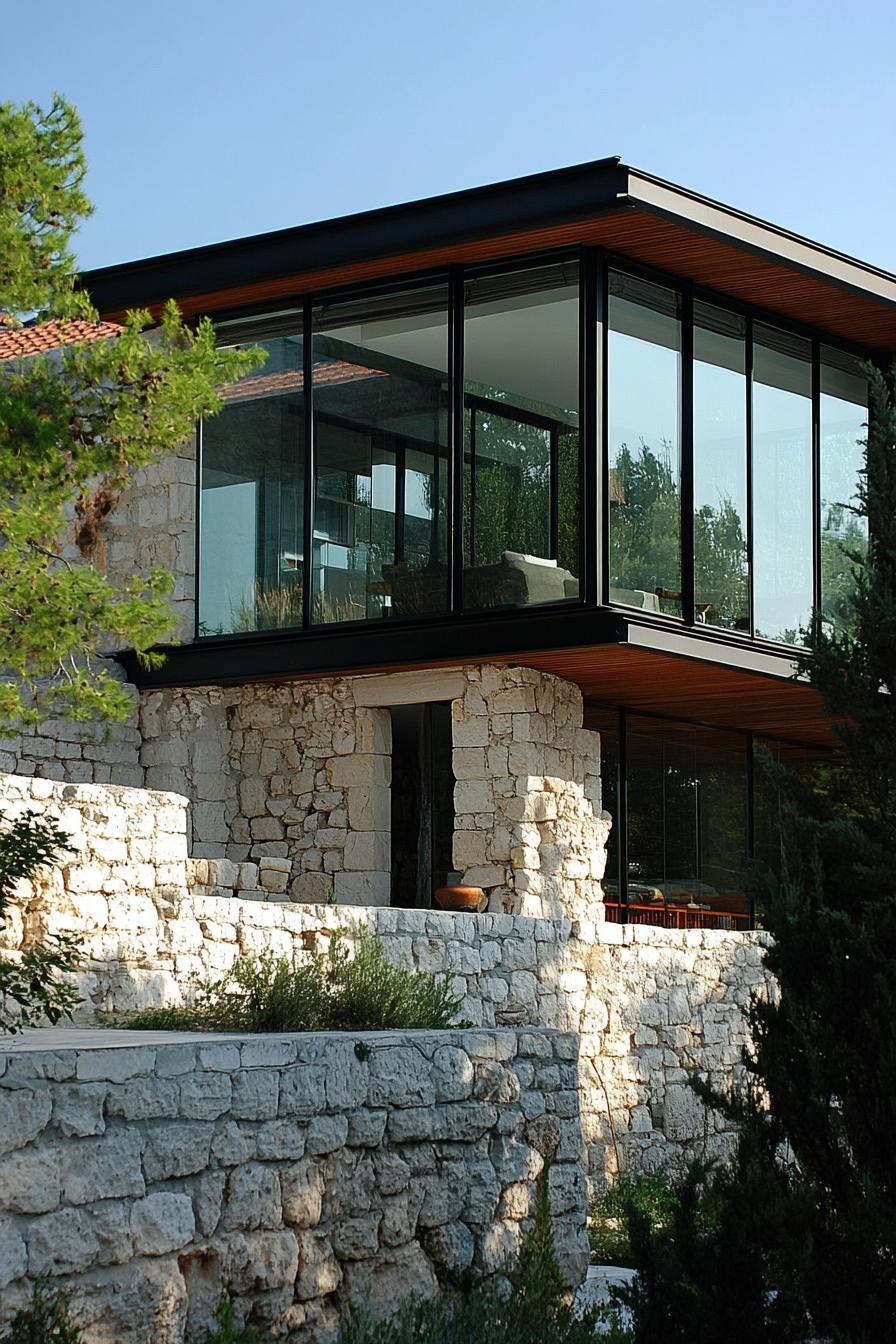 modern house built on ancient greek house ruins old walls visible enclosed in glass modern windows and roof 2