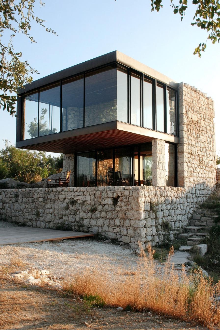 modern house built on ancient greek house ruins old walls visible enclosed in glass modern windows and roof 3