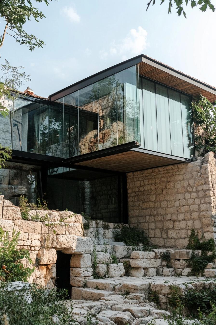 modern house built on ancient greek house ruins old walls visible enclosed in glass modern windows and roof