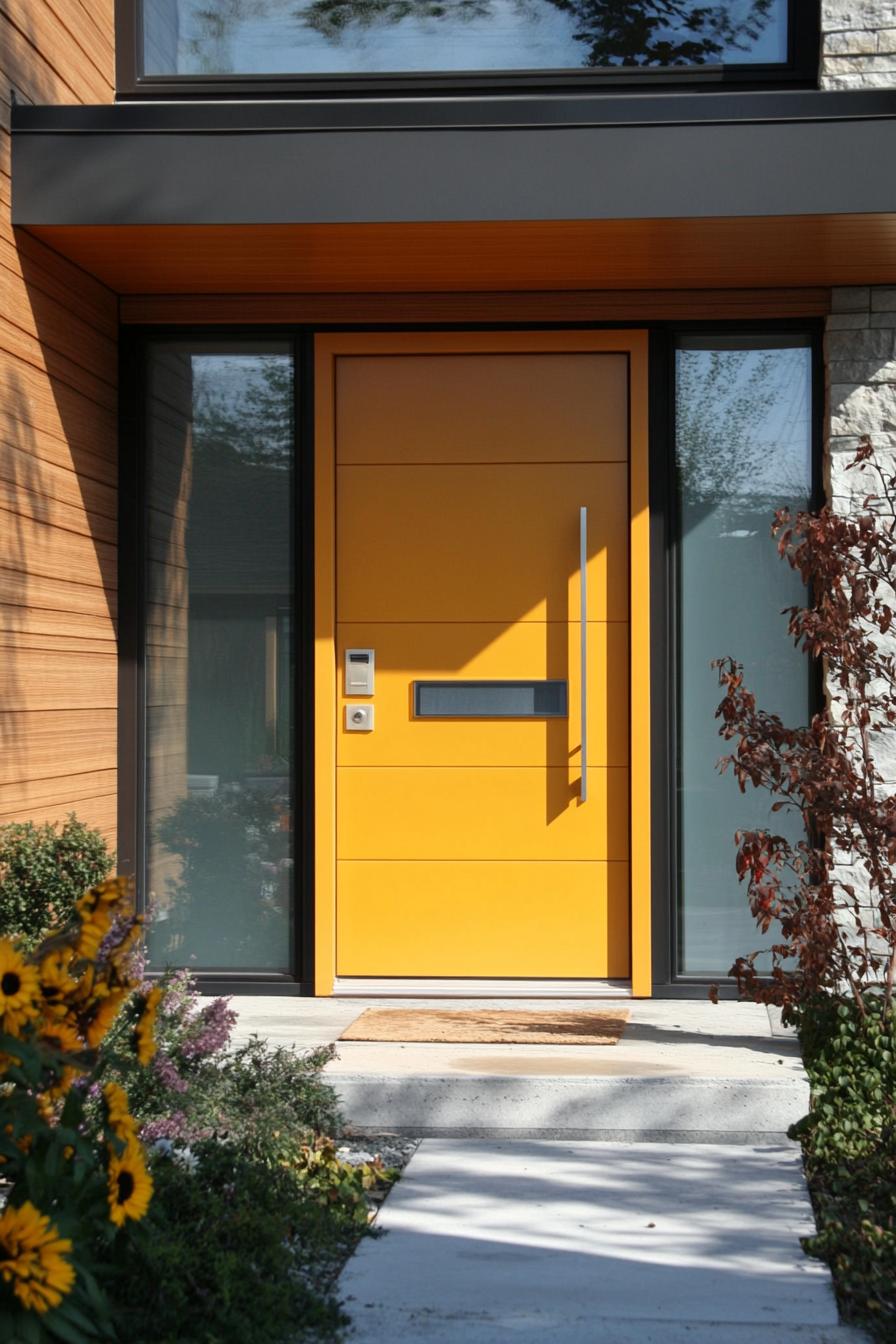 modern house front yard High gloss Sunflower Yellow Door With Frosted Glass Panels