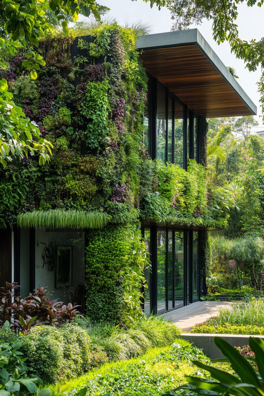 modern house garden with vertical garden lush forest landscape around 2