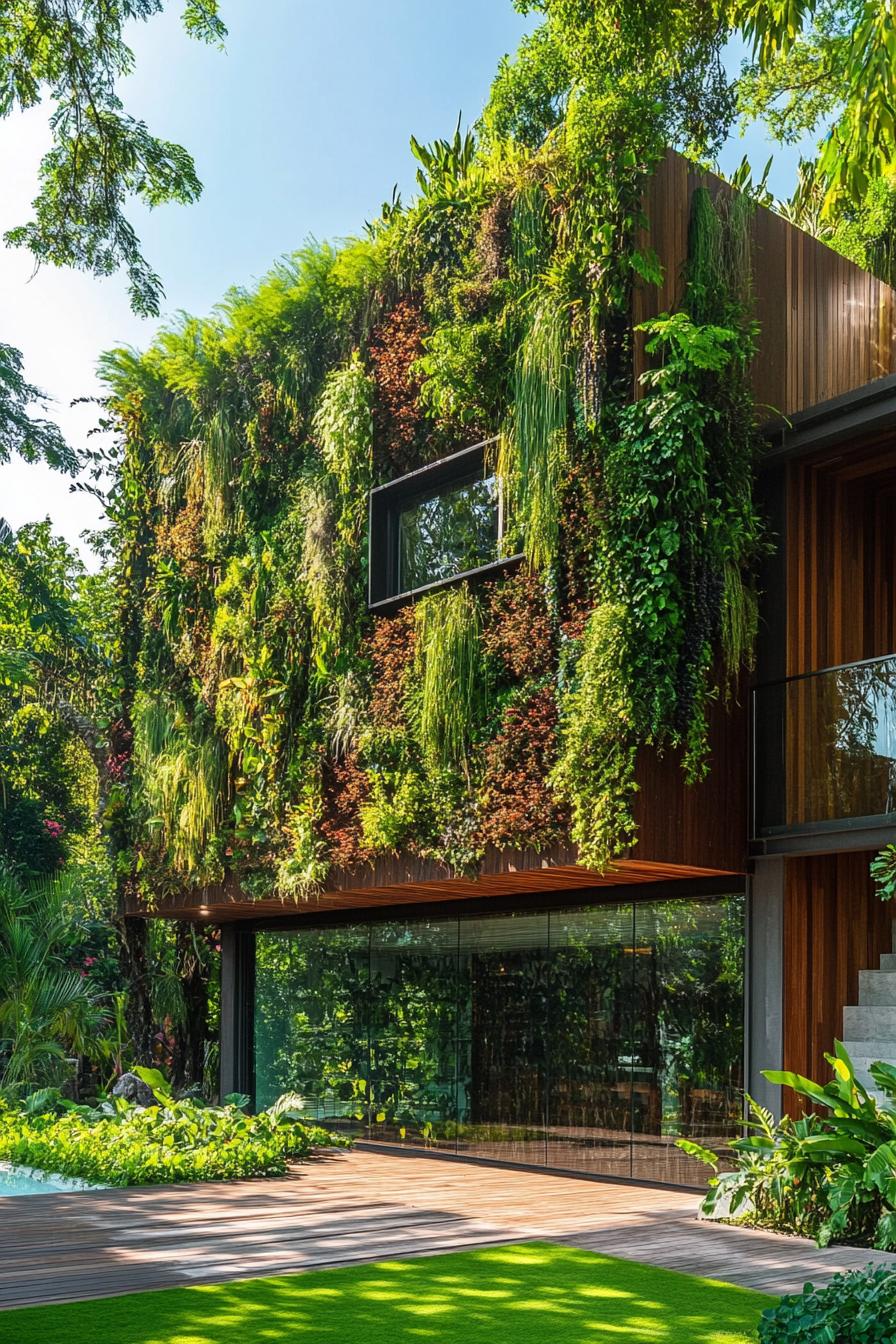 modern house garden with vertical garden lush forest landscape around