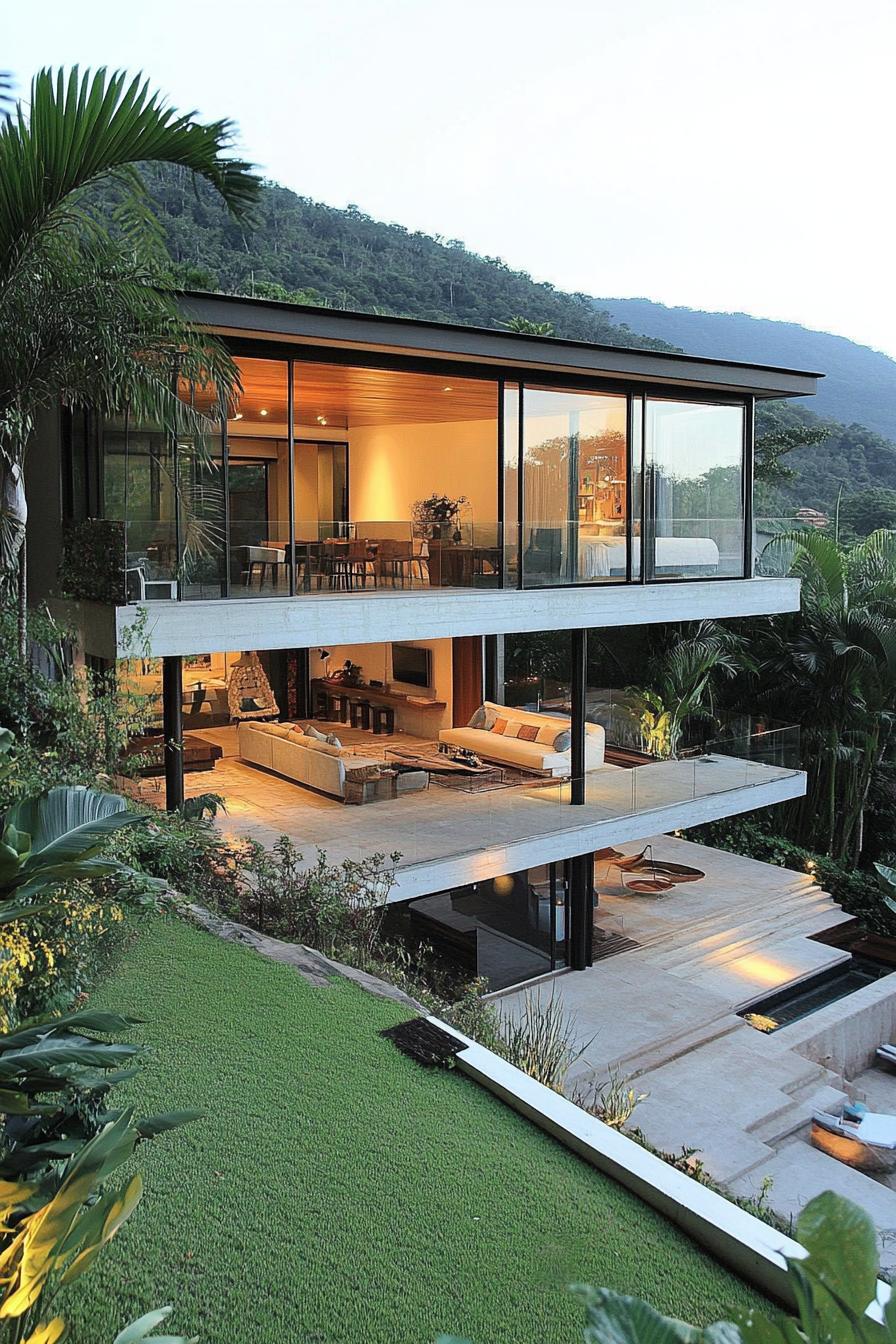 modern house on a slope with glass wall living space and tropical mountain views 1