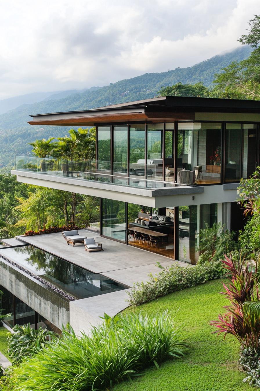 modern house on a slope with glass wall living space and tropical mountain views 2