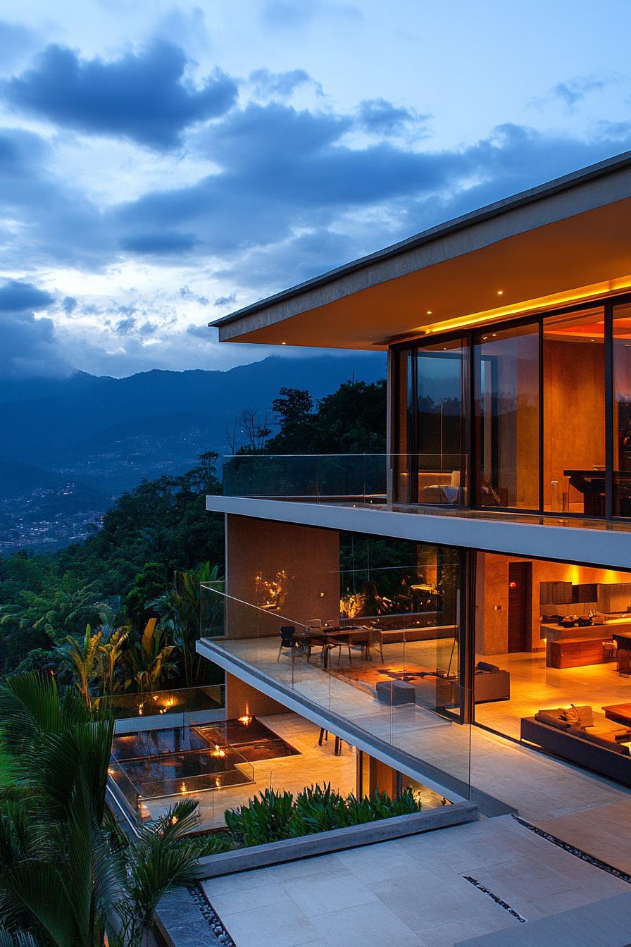 modern house on a slope with glass wall living space and tropical mountain views 3