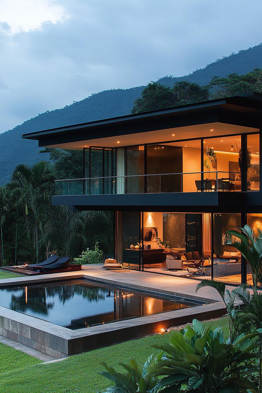 modern house on a slope with glass wall living space and tropical mountain views