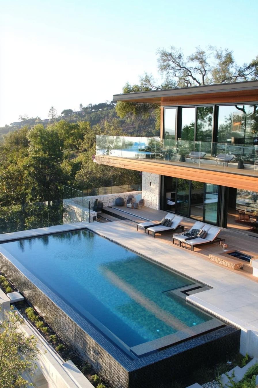 modern house rooftop deck with infinity pool and glass rails