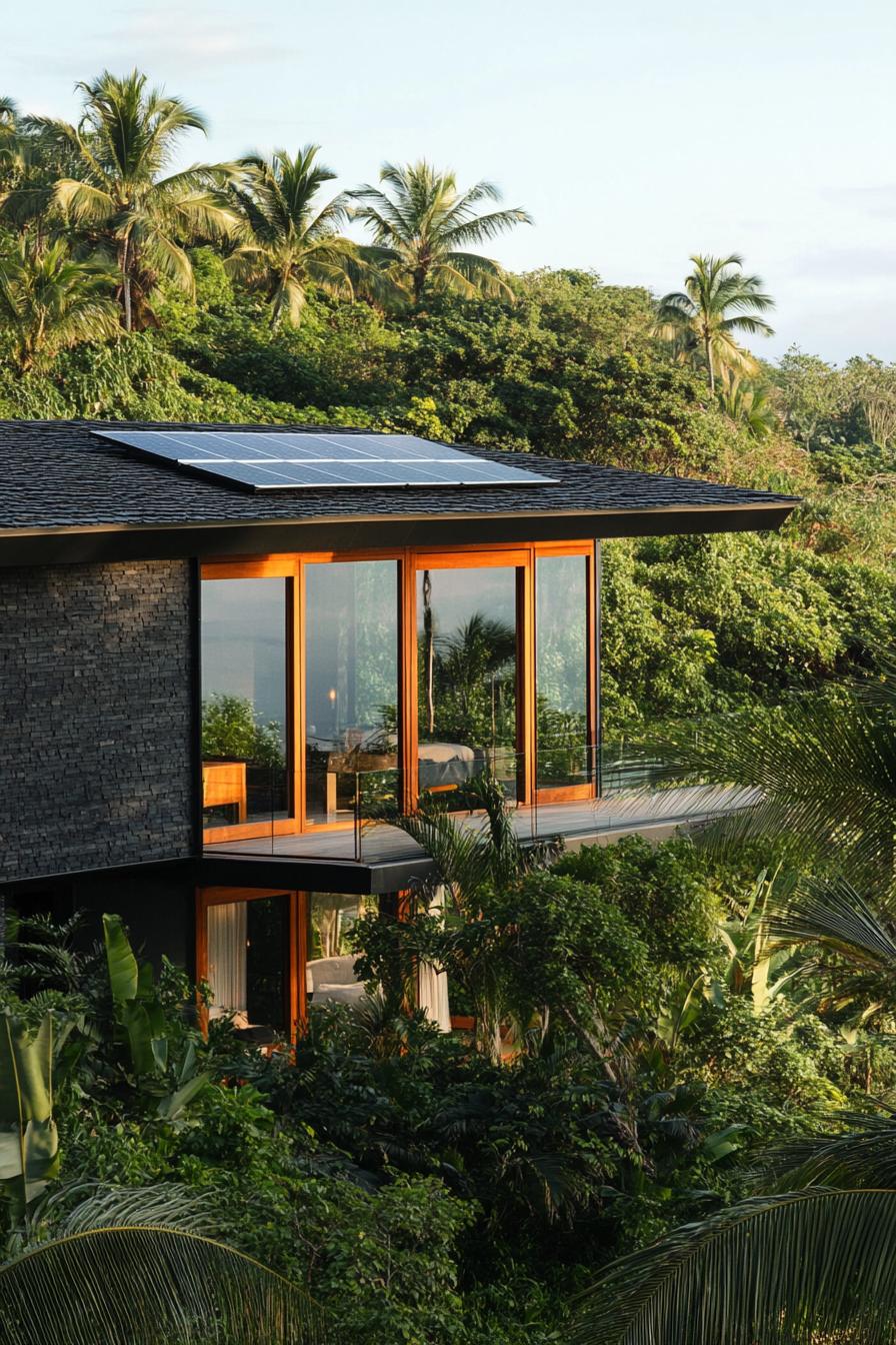 modern house with black shingle roof and solar panels tropical lush hill 1