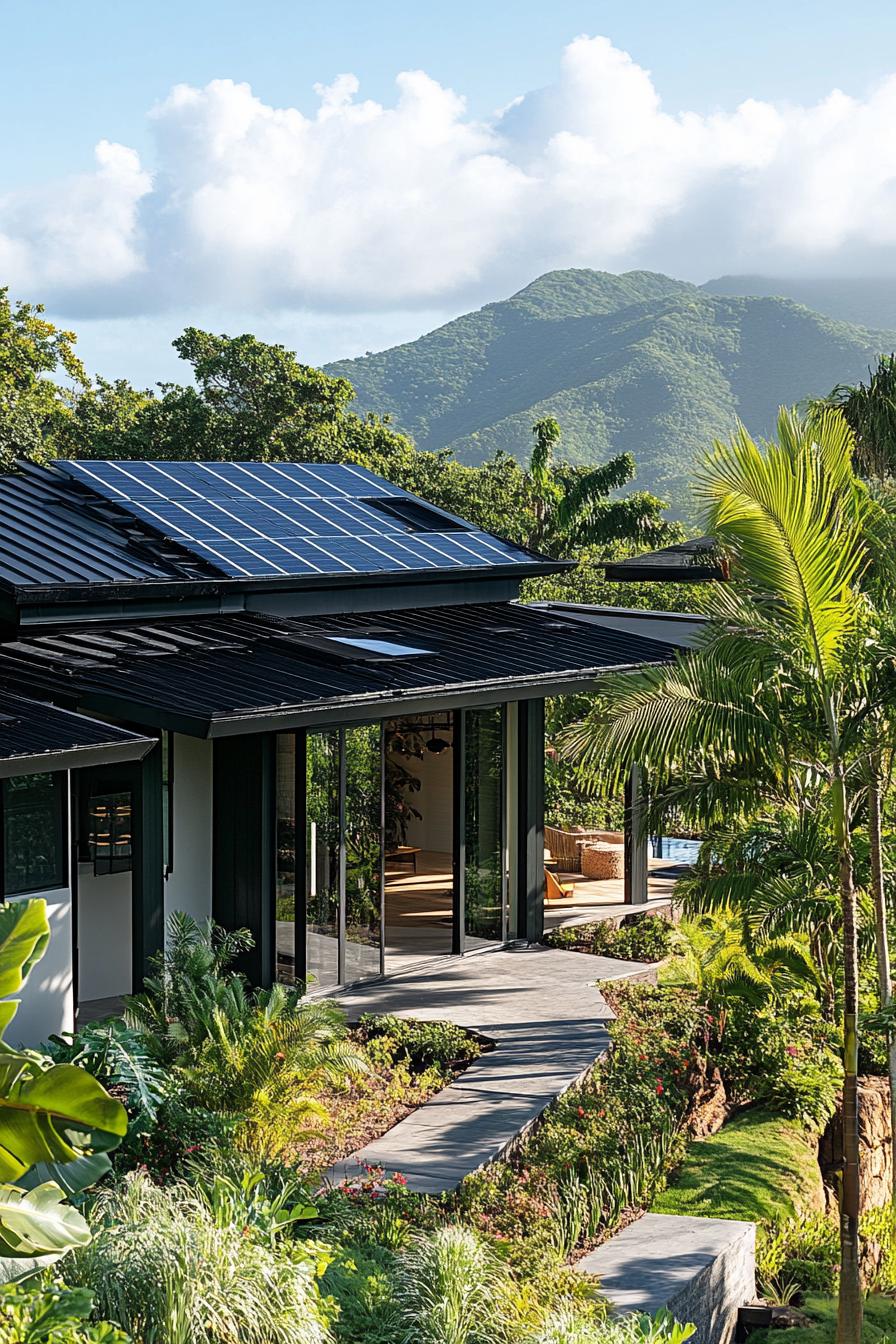 modern house with black shingle roof and solar panels tropical lush hill 2