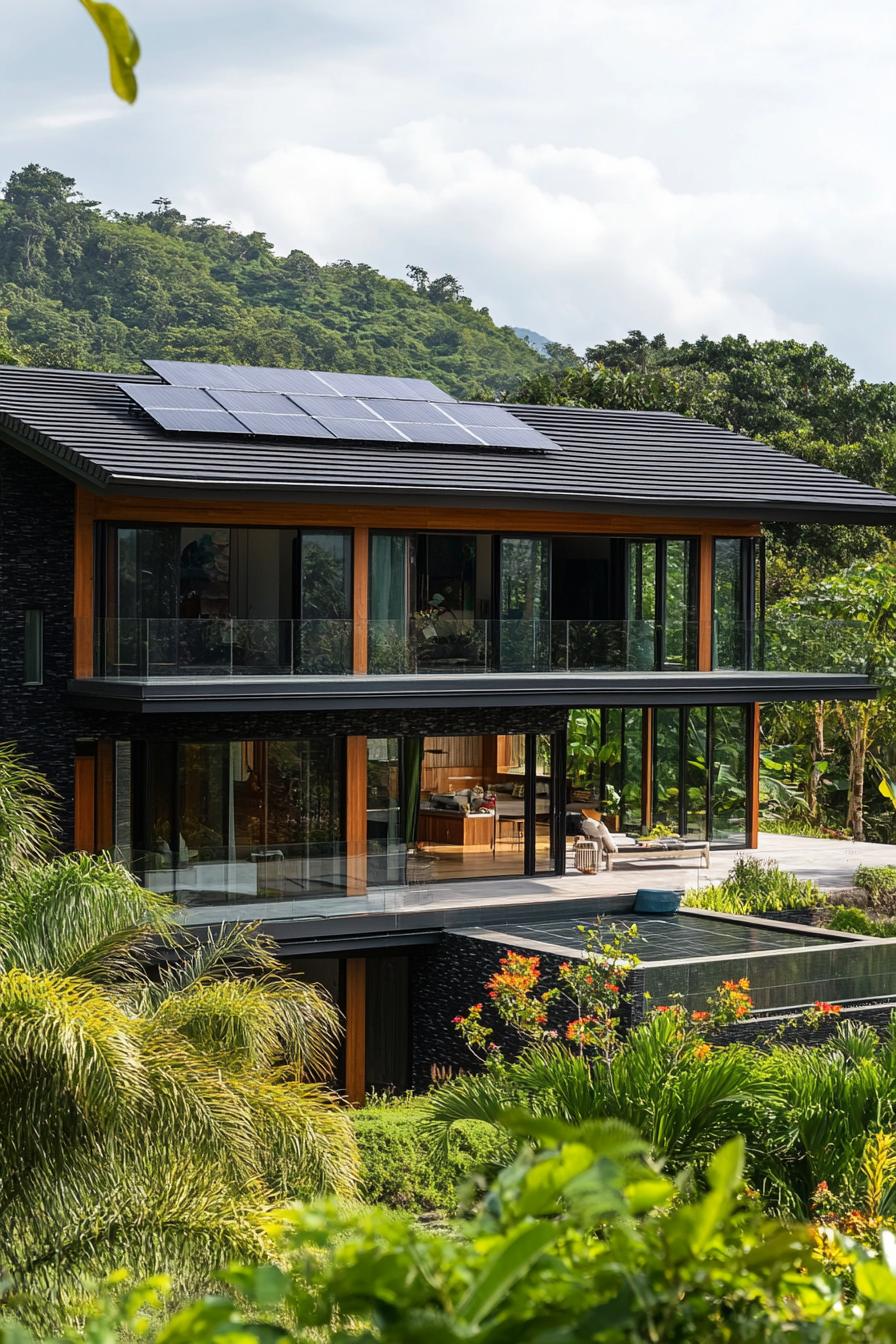 modern house with black shingle roof and solar panels tropical lush hill 3