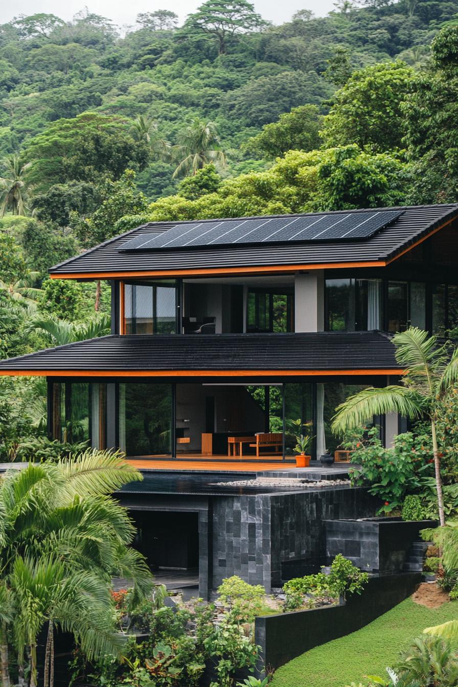 modern house with black shingle roof and solar panels tropical lush hill