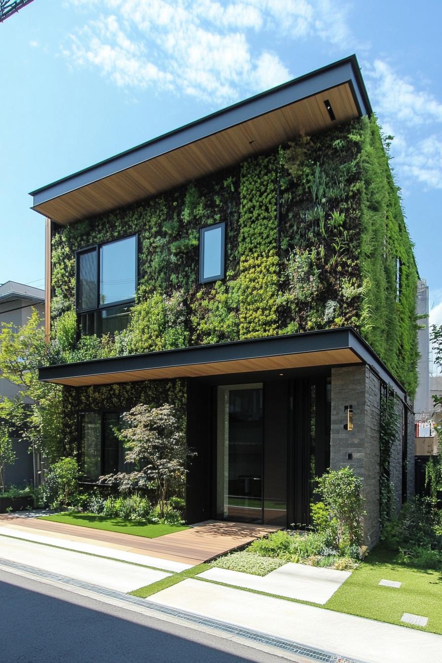 modern house with green color facade with living garden walls 1