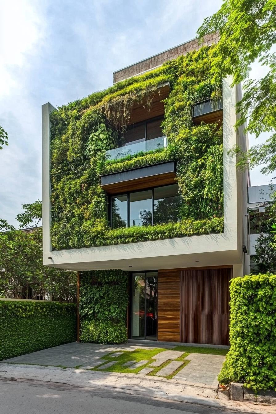 modern house with green color facade with living garden walls 2