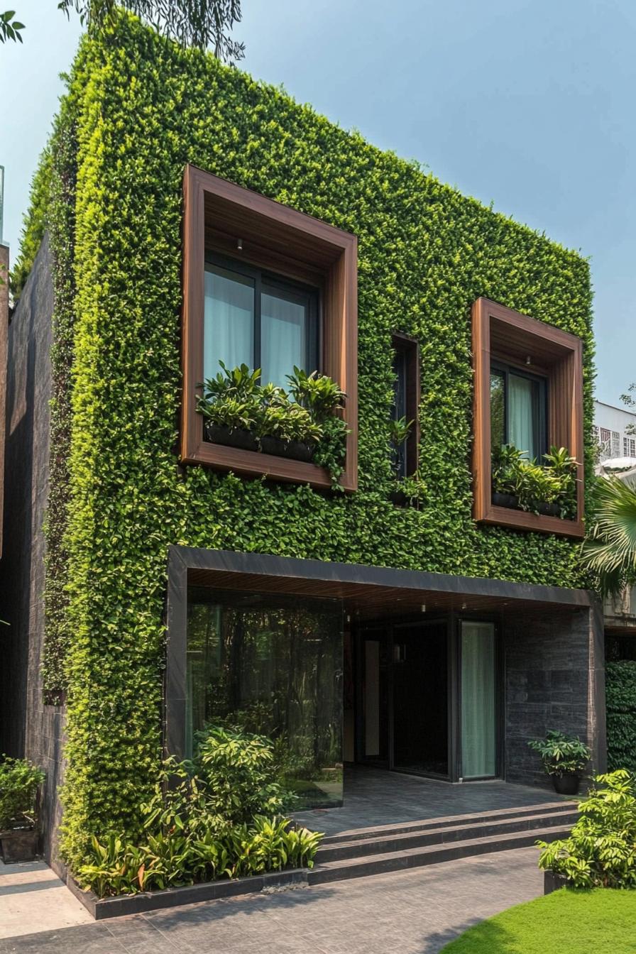 modern house with green color facade with living garden walls