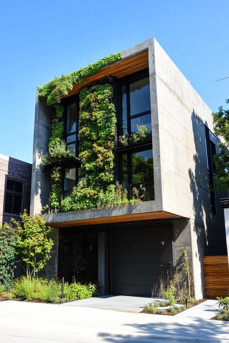 modern house with precast concrete facade with living green wall city neighborhood