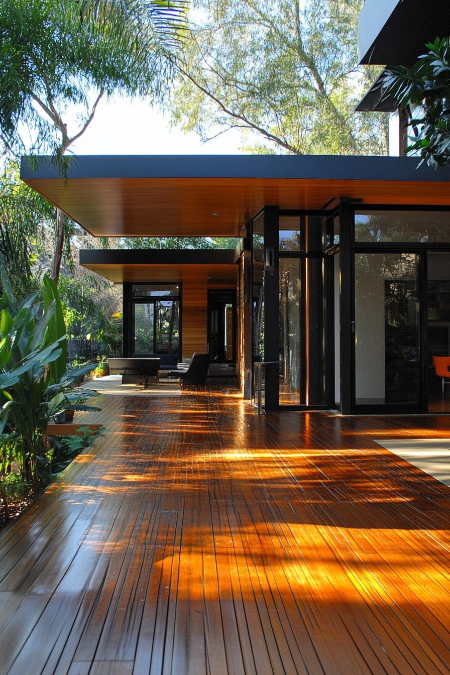 modern house wraparound deck bamboo floor