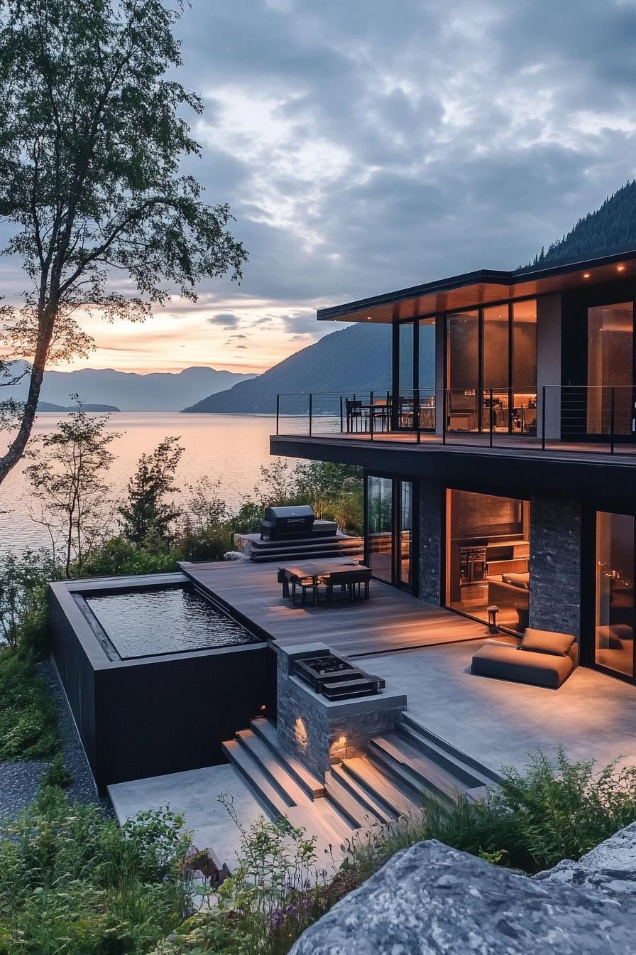 modern lakeside hill house with multi level decks with lake and mountain views 1