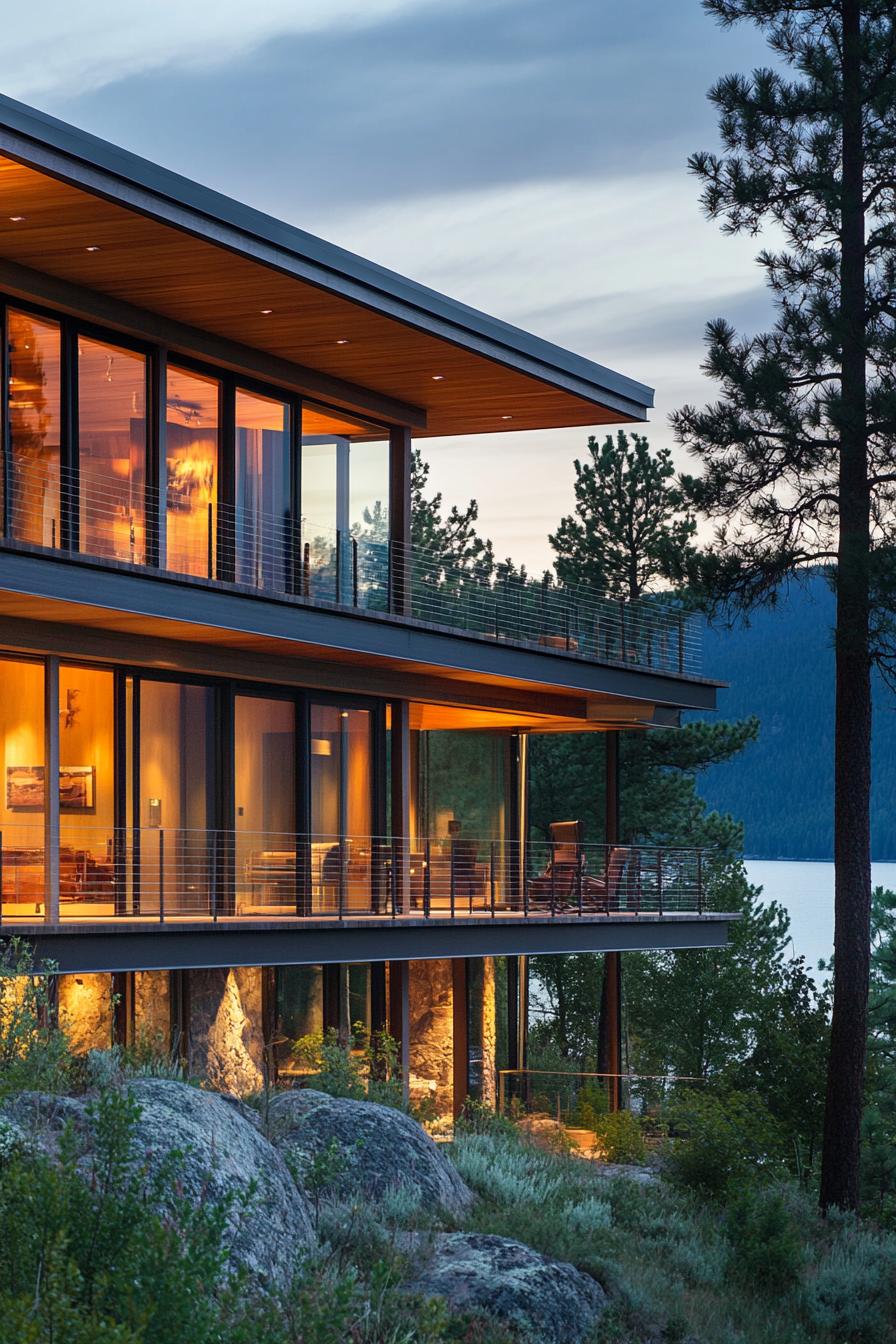 modern lakeside hill house with multi level decks with lake and mountain views 3