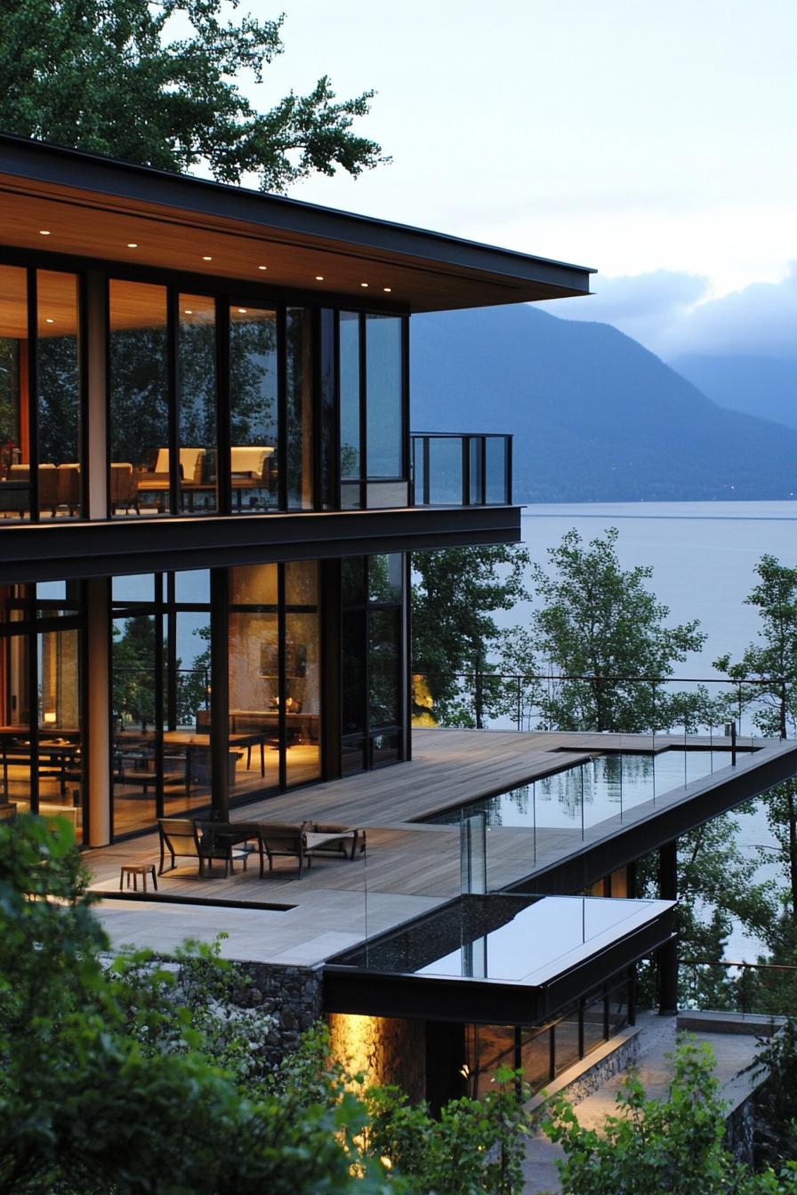 modern lakeside hill house with multi level decks with lake and mountain views