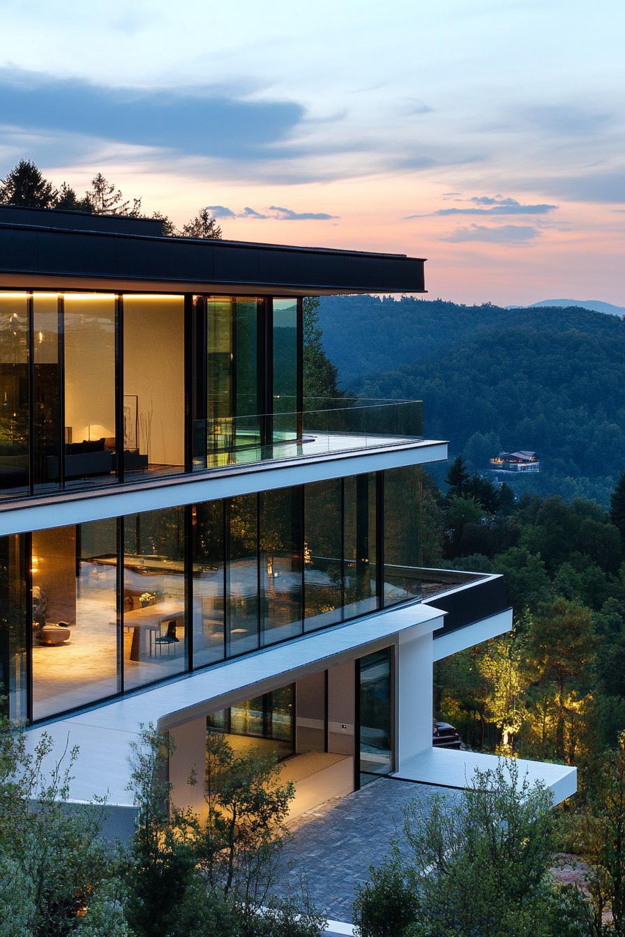 modern luxury hillside mansion with glass walls overlooking a beautiful forest valley 1