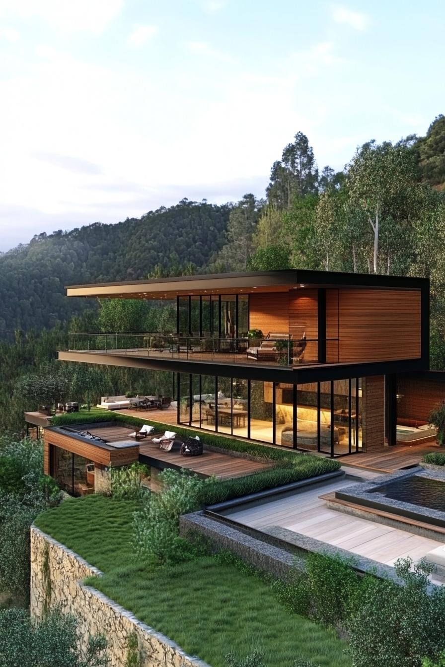 modern luxury hillside mansion with glass walls overlooking a beautiful forest valley 2