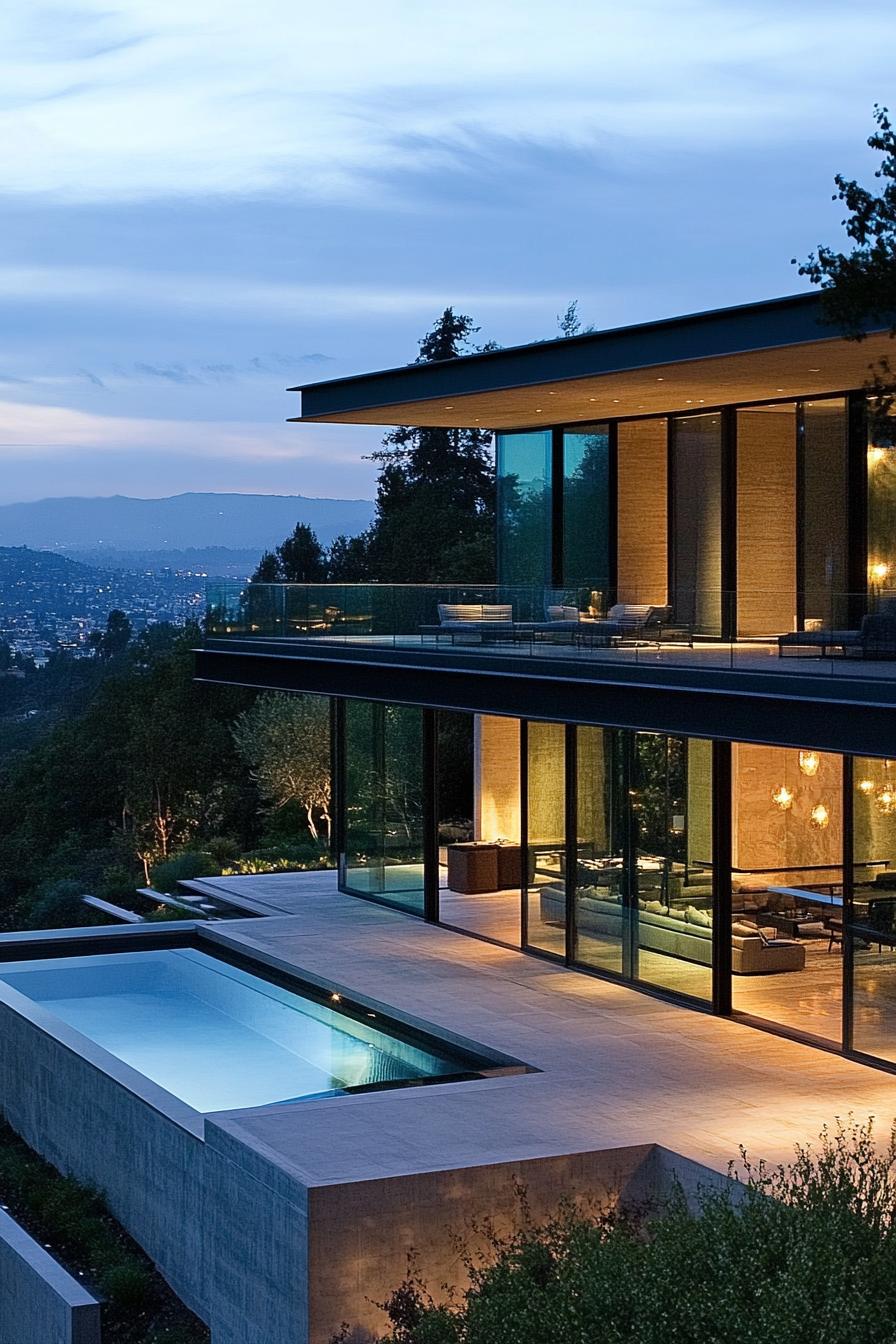 modern luxury hillside mansion with glass walls overlooking a beautiful forest valley 3