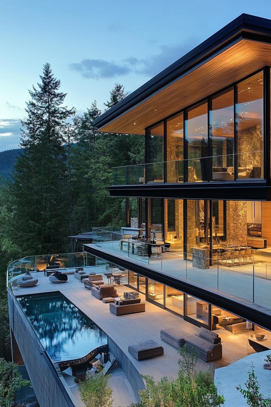 modern luxury hillside mansion with glass walls overlooking a beautiful forest valley