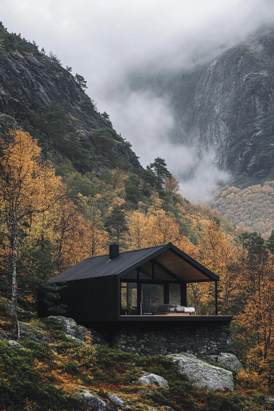 modern mountain cabin with matte black steel facade in stunning misty Scandinavian mountains 1