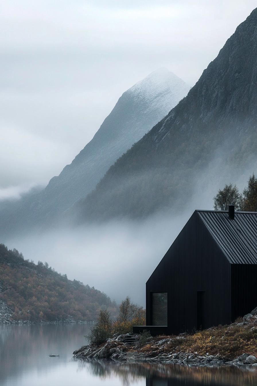 modern mountain cabin with matte black steel facade in stunning misty Scandinavian mountains 2