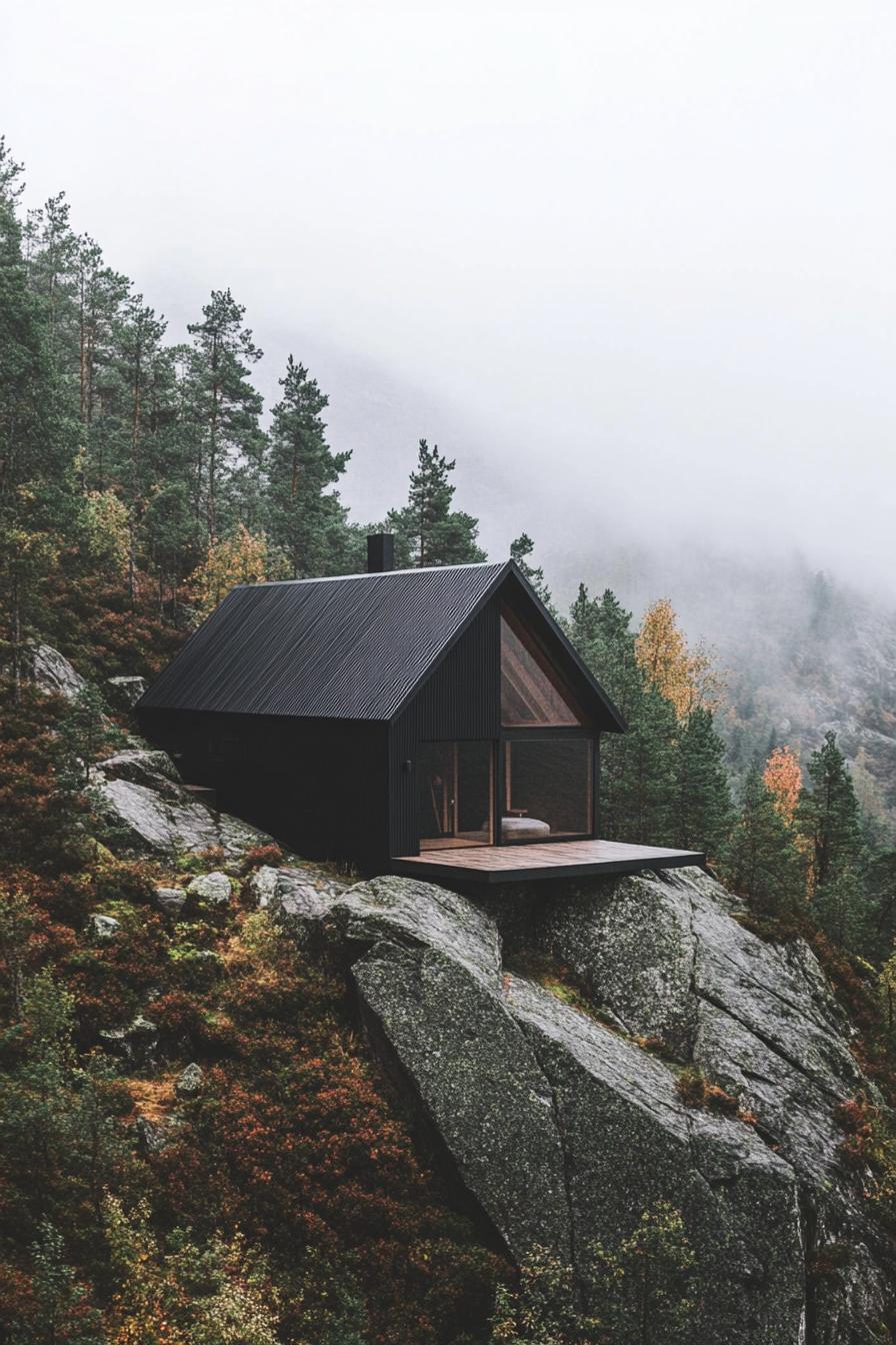 modern mountain cabin with matte black steel facade in stunning misty Scandinavian mountains 3