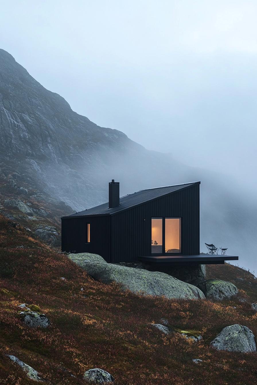 modern mountain cabin with matte black steel facade in stunning misty Scandinavian mountains